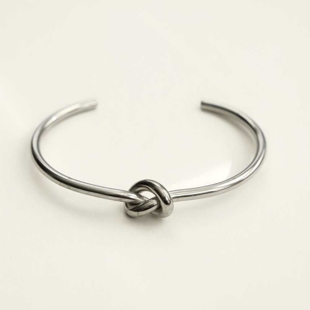 Knot Bangle Bracelet | White Gold Plated Stainless Steel Bracelet - Picture 3 of 3